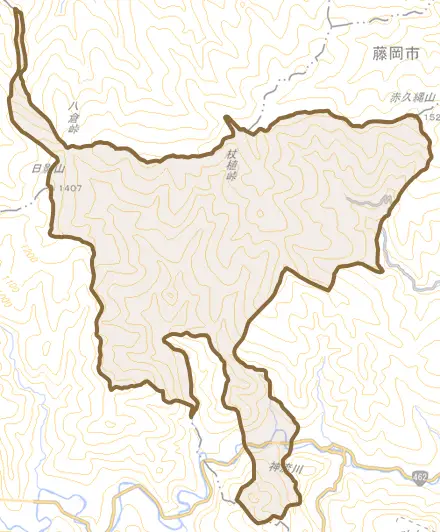 大字平原とその周辺の地図。町の範囲を重ねている