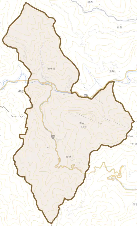 大字神ヶ原とその周辺の地図。町の範囲を重ねている