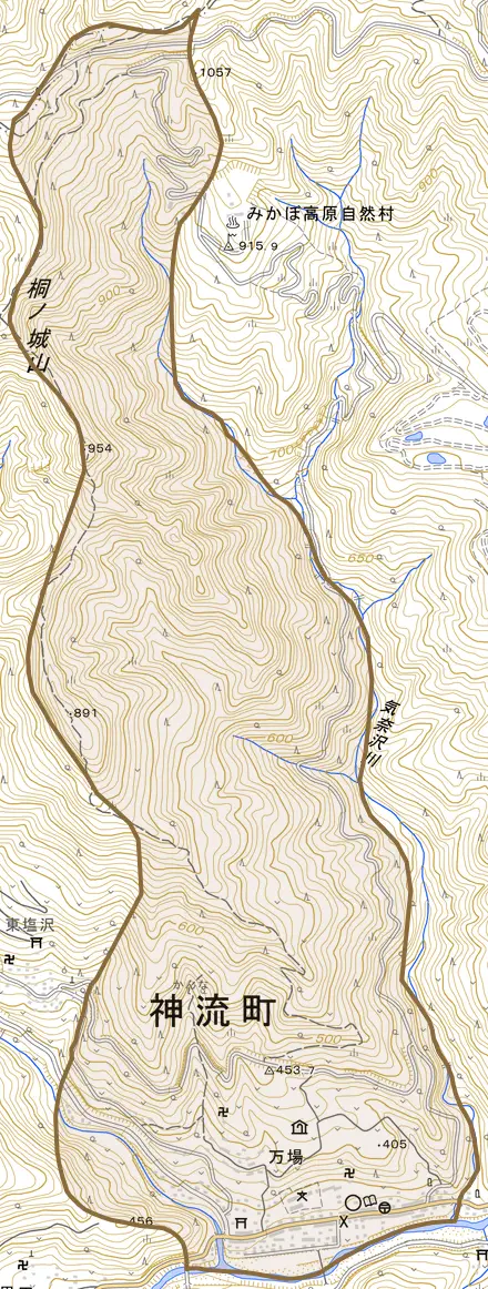 大字万場とその周辺の地図。町の範囲を重ねている