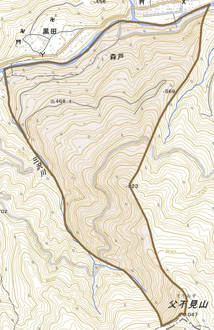 大字森戸とその周辺の地図。町の範囲を重ねている