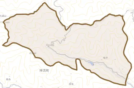 大字塩沢とその周辺の地図。町の範囲を重ねている
