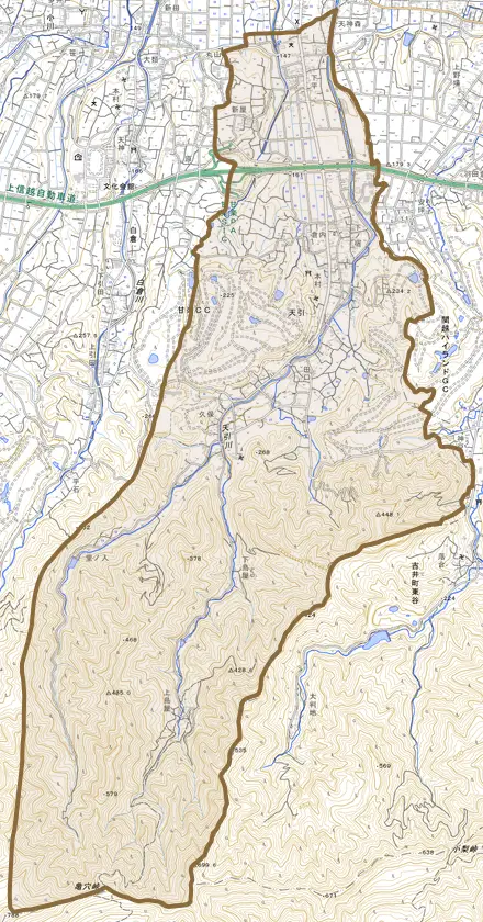 大字天引とその周辺の地図。町の範囲を重ねている