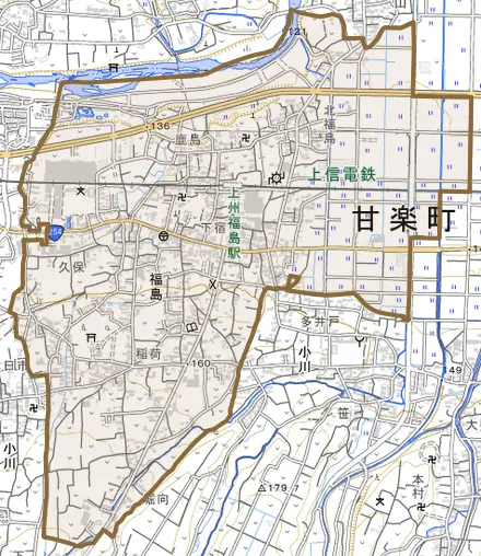 大字福島とその周辺の地図。町の範囲を重ねている