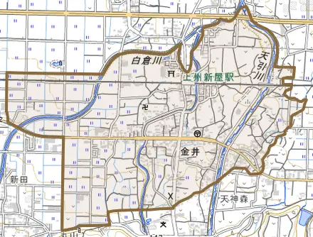 大字金井とその周辺の地図。町の範囲を重ねている