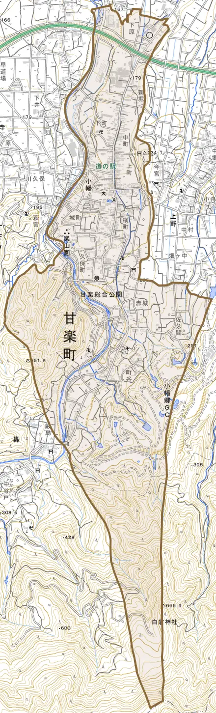 大字小幡とその周辺の地図。町の範囲を重ねている