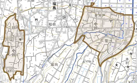 大字小川とその周辺の地図。町の範囲を重ねている