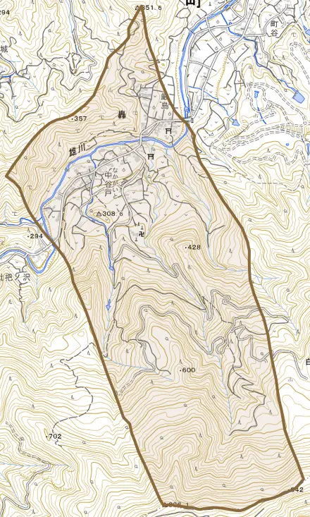 大字轟とその周辺の地図。町の範囲を重ねている
