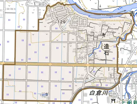 大字造石とその周辺の地図。町の範囲を重ねている