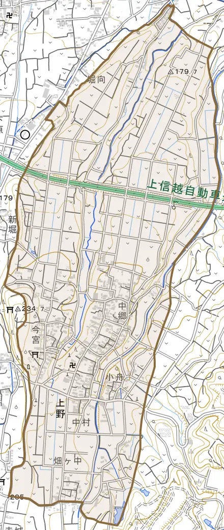 大字上野とその周辺の地図。町の範囲を重ねている