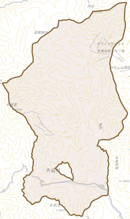 大字花咲とその周辺の地図。町の範囲を重ねている
