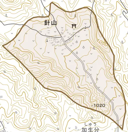 大字針山とその周辺の地図。町の範囲を重ねている