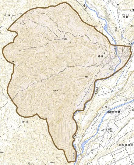 大字幡谷とその周辺の地図。町の範囲を重ねている