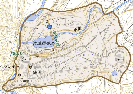 大字鎌田とその周辺の地図。町の範囲を重ねている