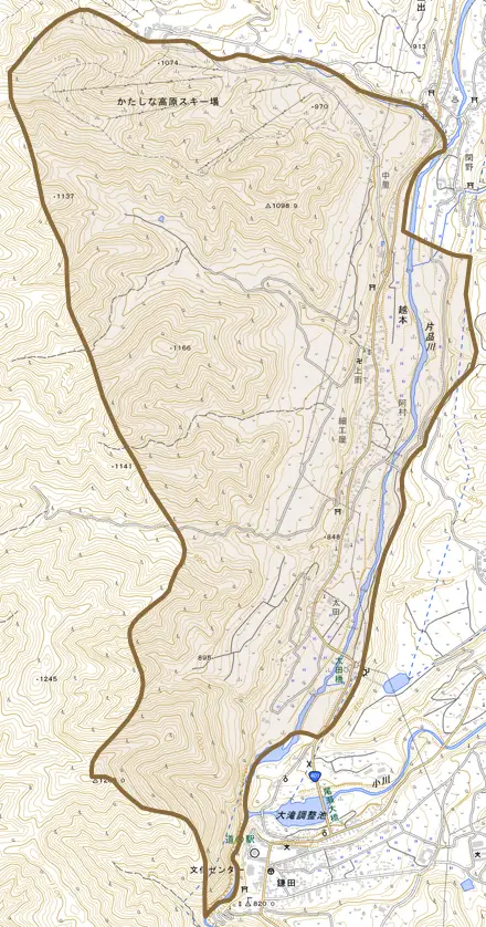 大字越本とその周辺の地図。町の範囲を重ねている