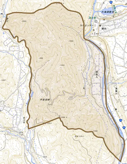 大字御座入とその周辺の地図。町の範囲を重ねている