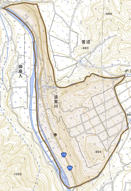 大字須賀川とその周辺の地図。町の範囲を重ねている