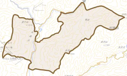大字土出とその周辺の地図。町の範囲を重ねている