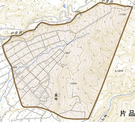 大字築地とその周辺の地図。町の範囲を重ねている