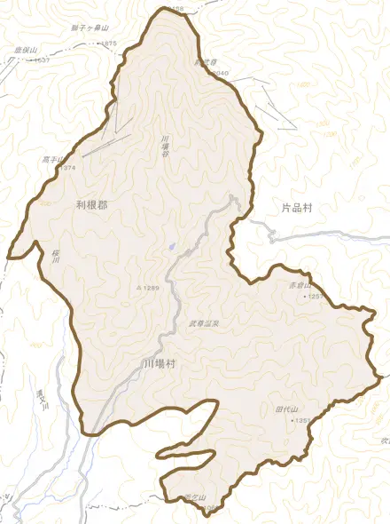 大字川場湯原とその周辺の地図。町の範囲を重ねている