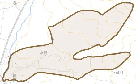 大字中野とその周辺の地図。町の範囲を重ねている