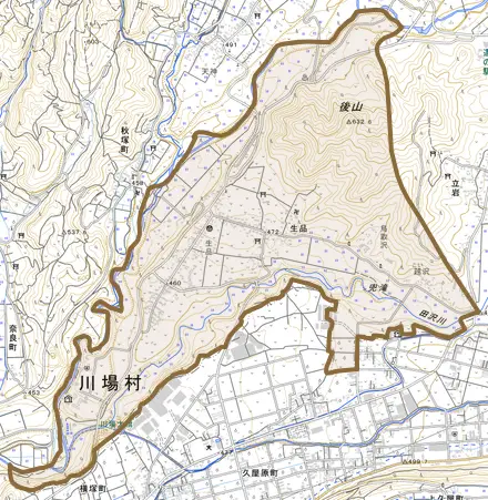 大字生品とその周辺の地図。町の範囲を重ねている