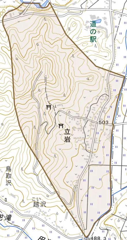 大字立岩とその周辺の地図。町の範囲を重ねている