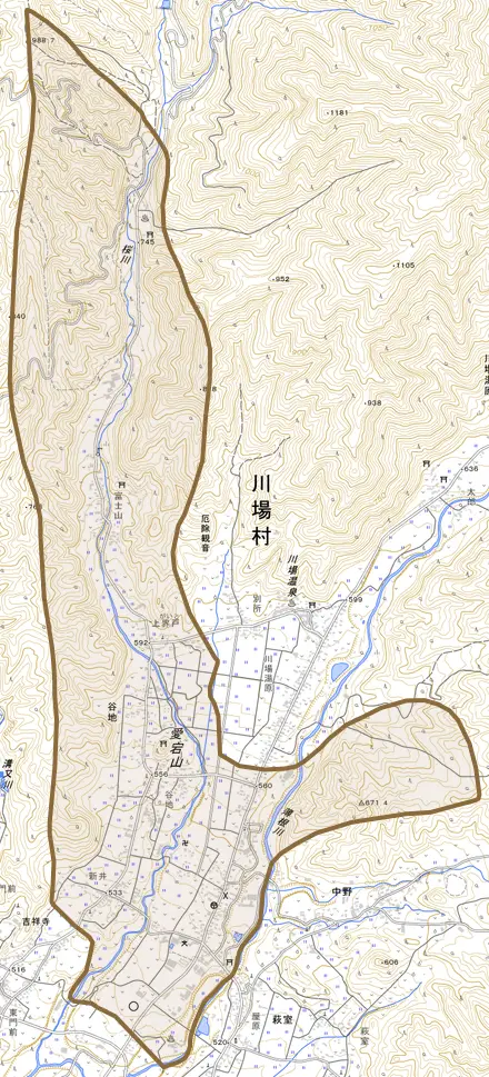 大字谷地とその周辺の地図。町の範囲を重ねている