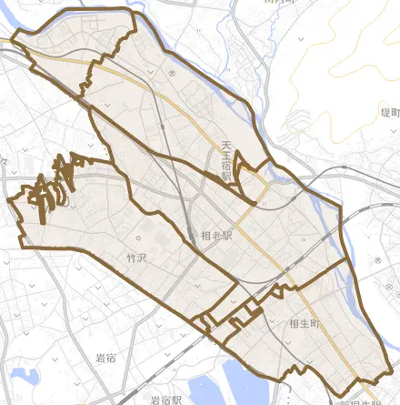 相生町とその周辺の地図。町の範囲を重ねている