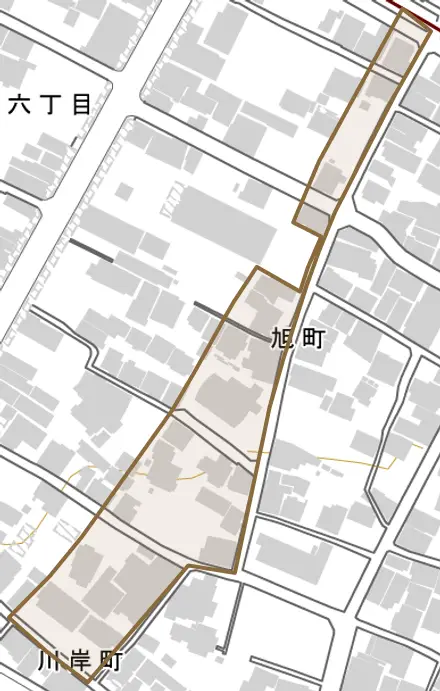 旭町とその周辺の地図。町の範囲を重ねている