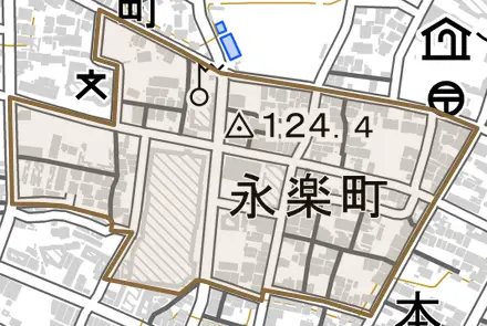 永楽町とその周辺の地図。町の範囲を重ねている