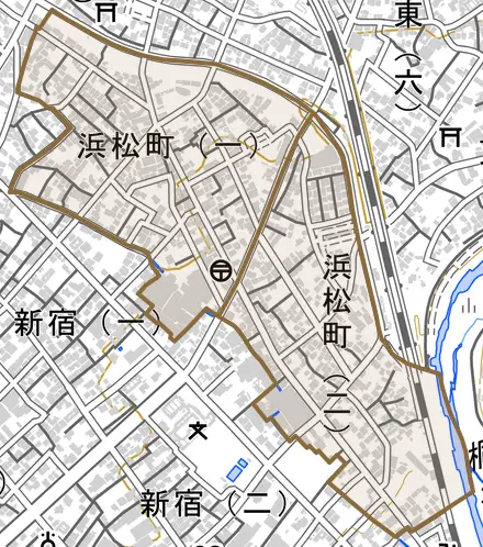 浜松町とその周辺の地図。町の範囲を重ねている