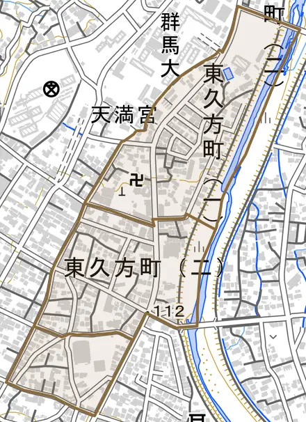 東久方町とその周辺の地図。町の範囲を重ねている