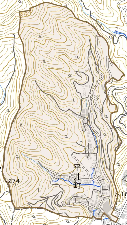 平井町とその周辺の地図。町の範囲を重ねている
