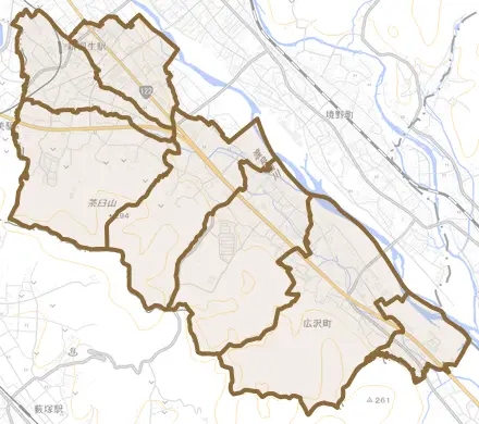広沢町とその周辺の地図。町の範囲を重ねている