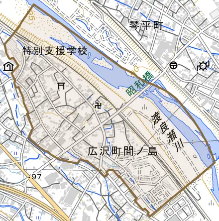 広沢町間ノ島とその周辺の地図。町の範囲を重ねている