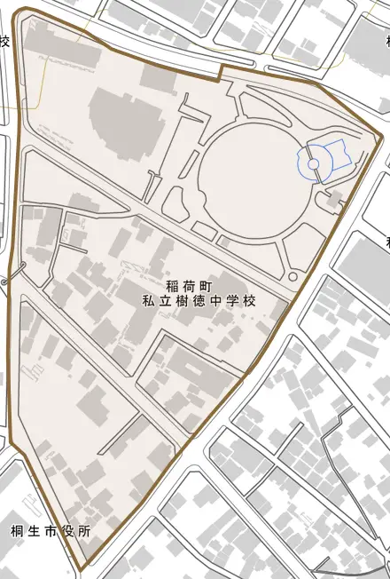 稲荷町とその周辺の地図。町の範囲を重ねている