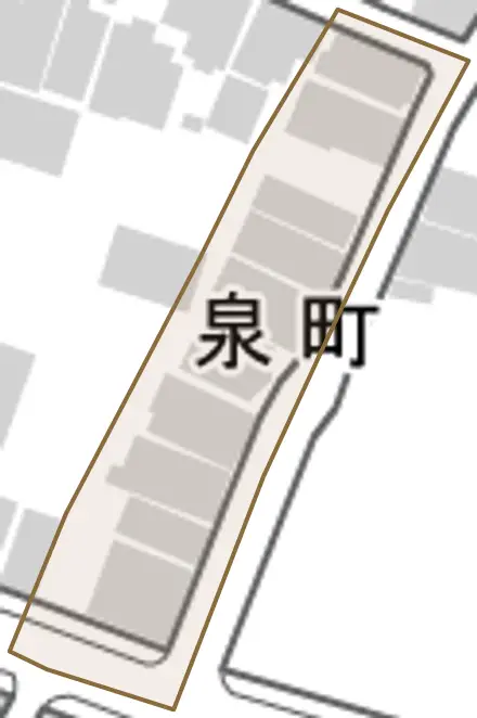 泉町とその周辺の地図。町の範囲を重ねている