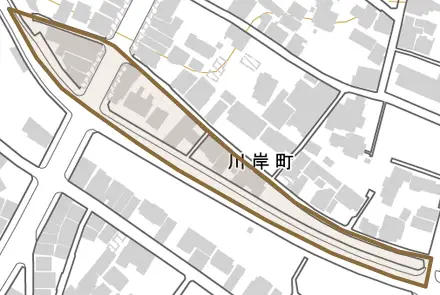 川岸町とその周辺の地図。町の範囲を重ねている