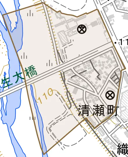 清瀬町とその周辺の地図。町の範囲を重ねている