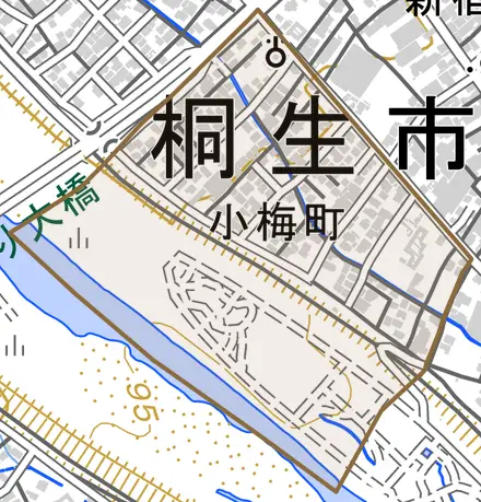 小梅町とその周辺の地図。町の範囲を重ねている