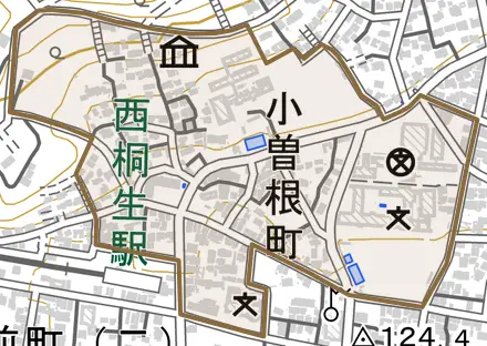 小曾根町とその周辺の地図。町の範囲を重ねている