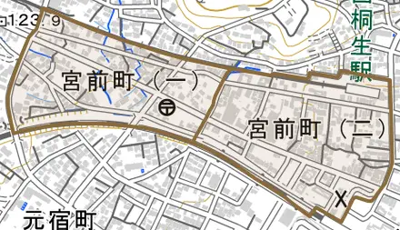 宮前町とその周辺の地図。町の範囲を重ねている