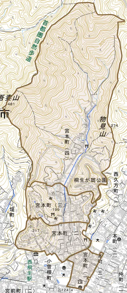 宮本町とその周辺の地図。町の範囲を重ねている