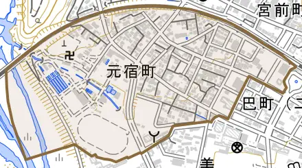 元宿町とその周辺の地図。町の範囲を重ねている