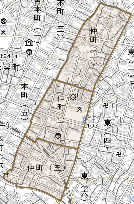 仲町とその周辺の地図。町の範囲を重ねている