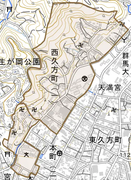 西久方町とその周辺の地図。町の範囲を重ねている