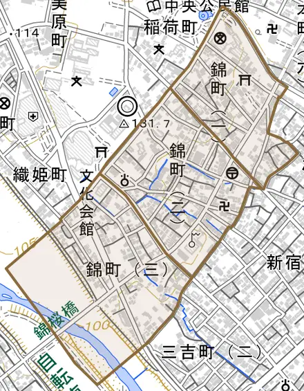 錦町とその周辺の地図。町の範囲を重ねている