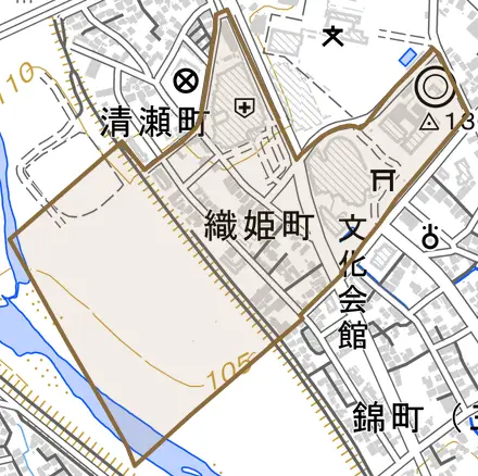 織姫町とその周辺の地図。町の範囲を重ねている
