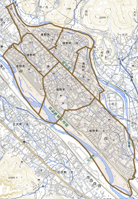 境野町とその周辺の地図。町の範囲を重ねている