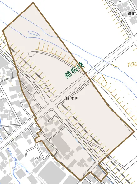 桜木町とその周辺の地図。町の範囲を重ねている